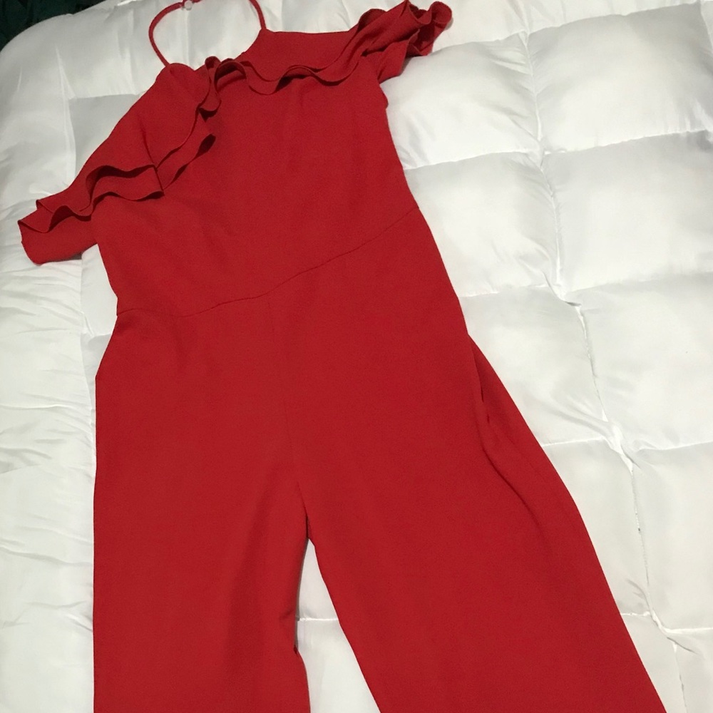 Red Ruffle Halter Back Jumpsuit